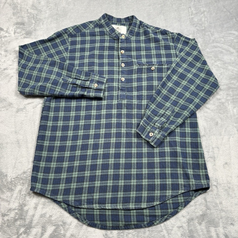 Lee Valley Ireland Mens Grandfather Popover Shirt Flannel Plaid Blue Green XL